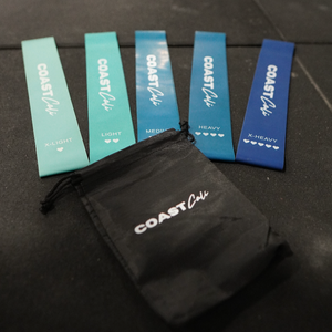 A set of blue mini resistance bands with varying resistance levels, labeled with the brand name 'COAST Cali', along with a black carrying pouch on a black gym floor